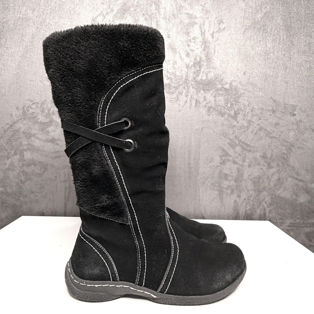 Wanderlust Norway Boots Womens 8 Black Suede Fur Trim Winter Mid-Calf Waterproof